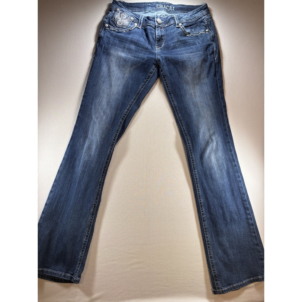 Grace L.A Easy Fit Jeans Women 31 Blue Mid Rise Bling Embellished 34X33 Western